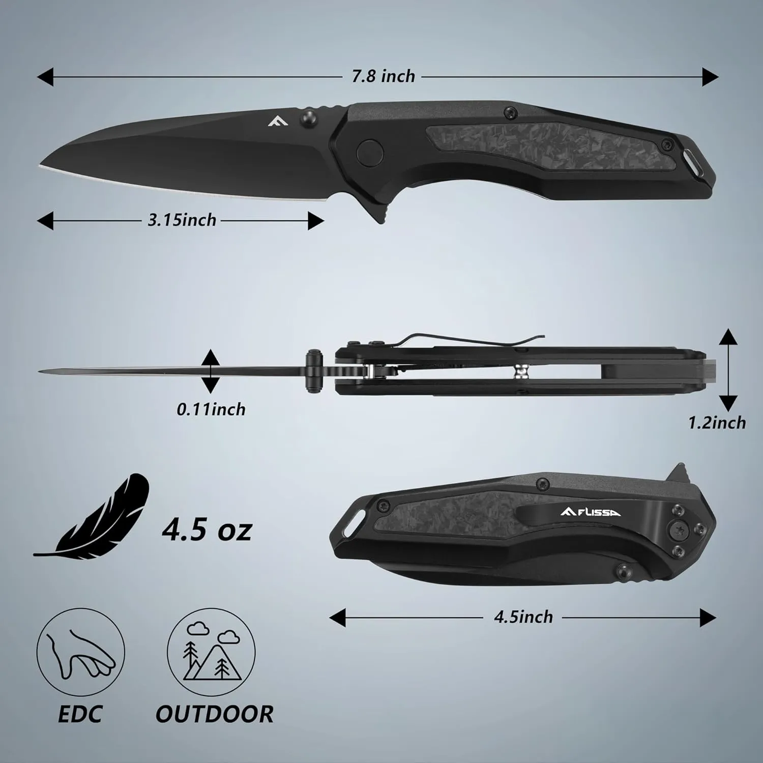 FLISSA Folding Pocket Knife, EDC Knife with SANDVIK 14C28N Steel Blade,Shredded Carbon Fiber Aluminium Combined Handle, Pocket Clip for Camping Hiking Outdoor(Black)
