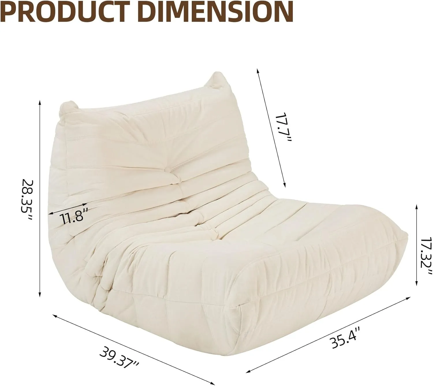 Floor Sofa Bean Bag Chair for Adults, Fireside Bean Bag Lounger with Memory Foam, Stylish Art Deco Design for Home, Water, Oil & Stain Proof Polyester Blend Upholstery, Off White
