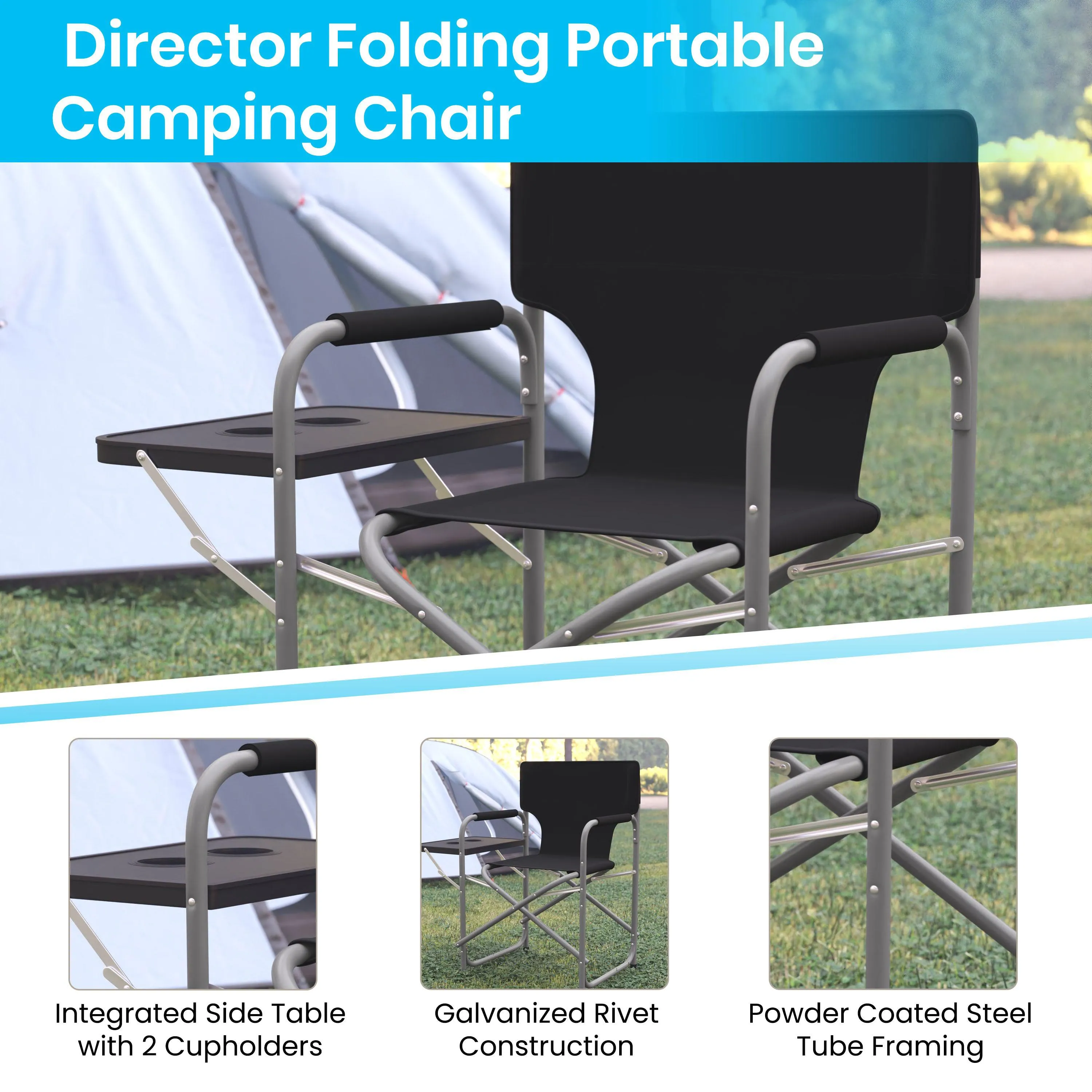 Folding Director's Camping Chair with Side Table and Cup Holder - Portable Indoor/Outdoor Steel Framed Sports Chair