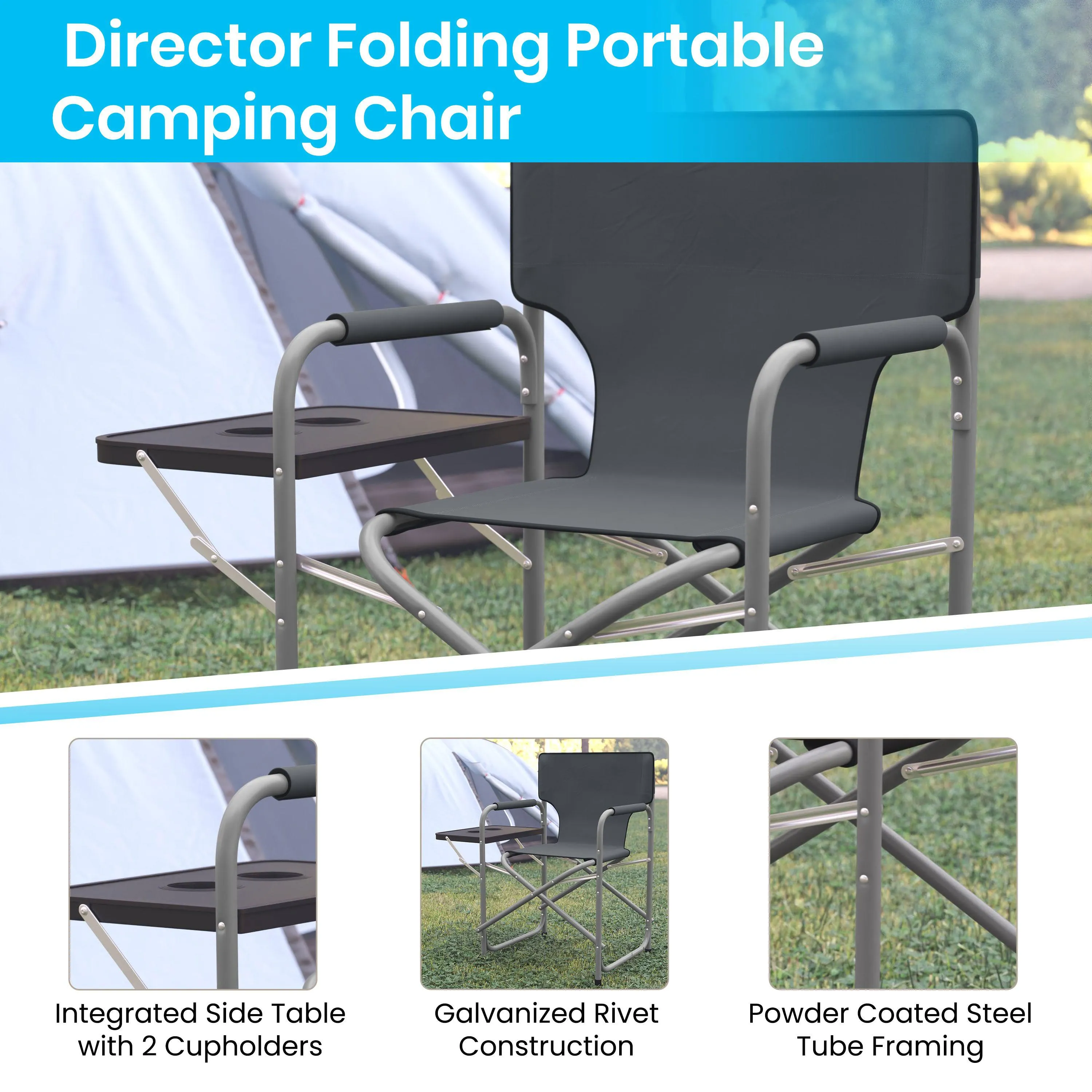 Folding Director's Camping Chair with Side Table and Cup Holder - Portable Indoor/Outdoor Steel Framed Sports Chair