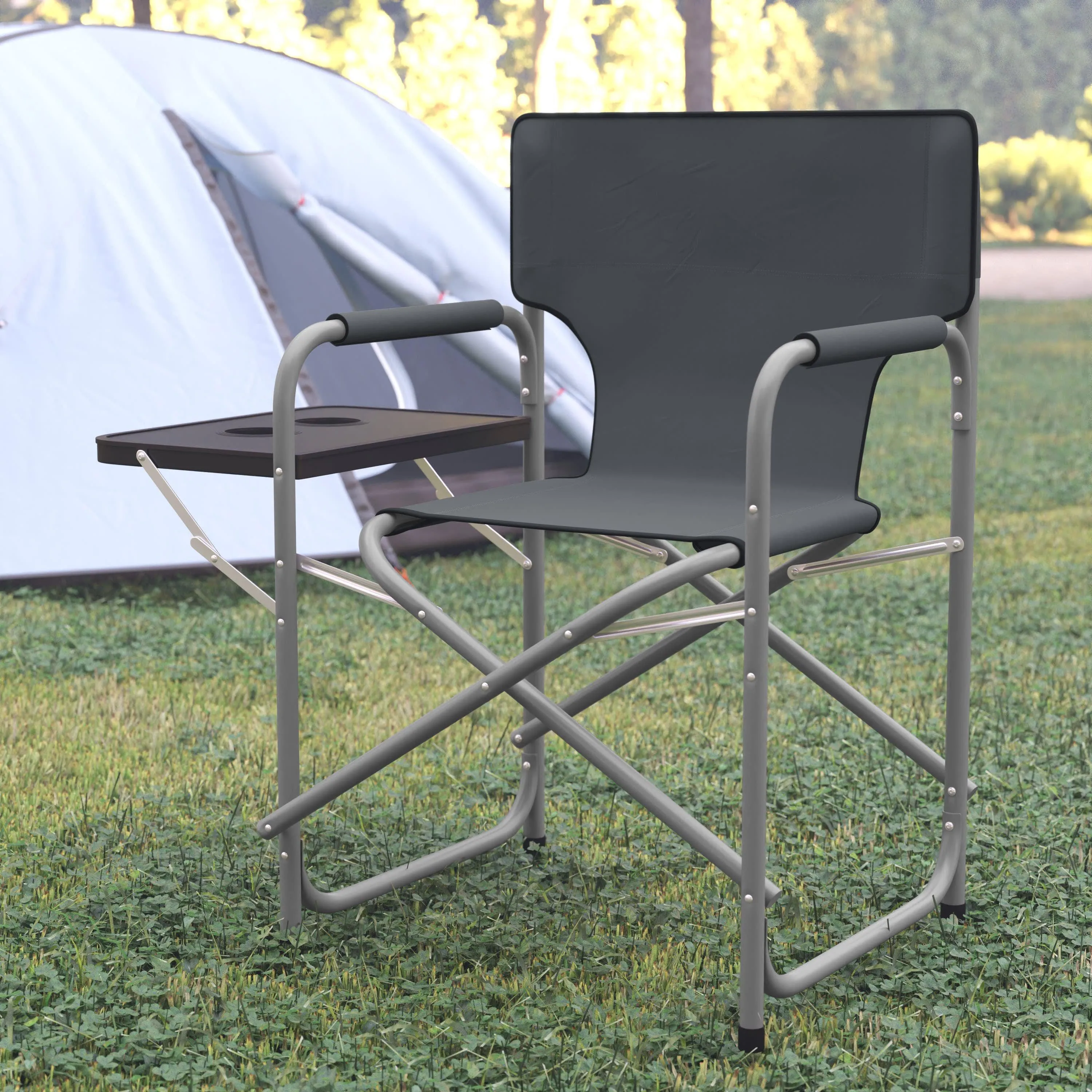 Folding Director's Camping Chair with Side Table and Cup Holder - Portable Indoor/Outdoor Steel Framed Sports Chair