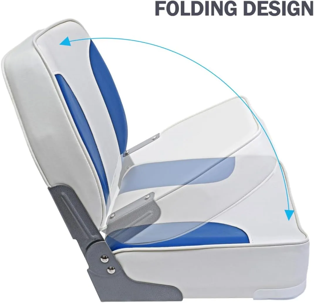 Folding Seat - Fold-Down Boat Captain Chair, Low/High Back, Blue and White (2)