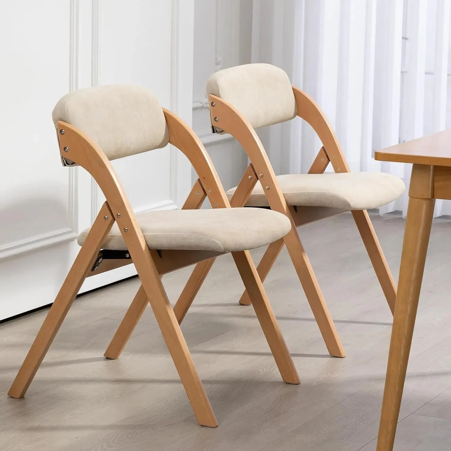 Folding Wooden Dining Chairs (Set of 2) | Stackable Design with Upholstered Seats