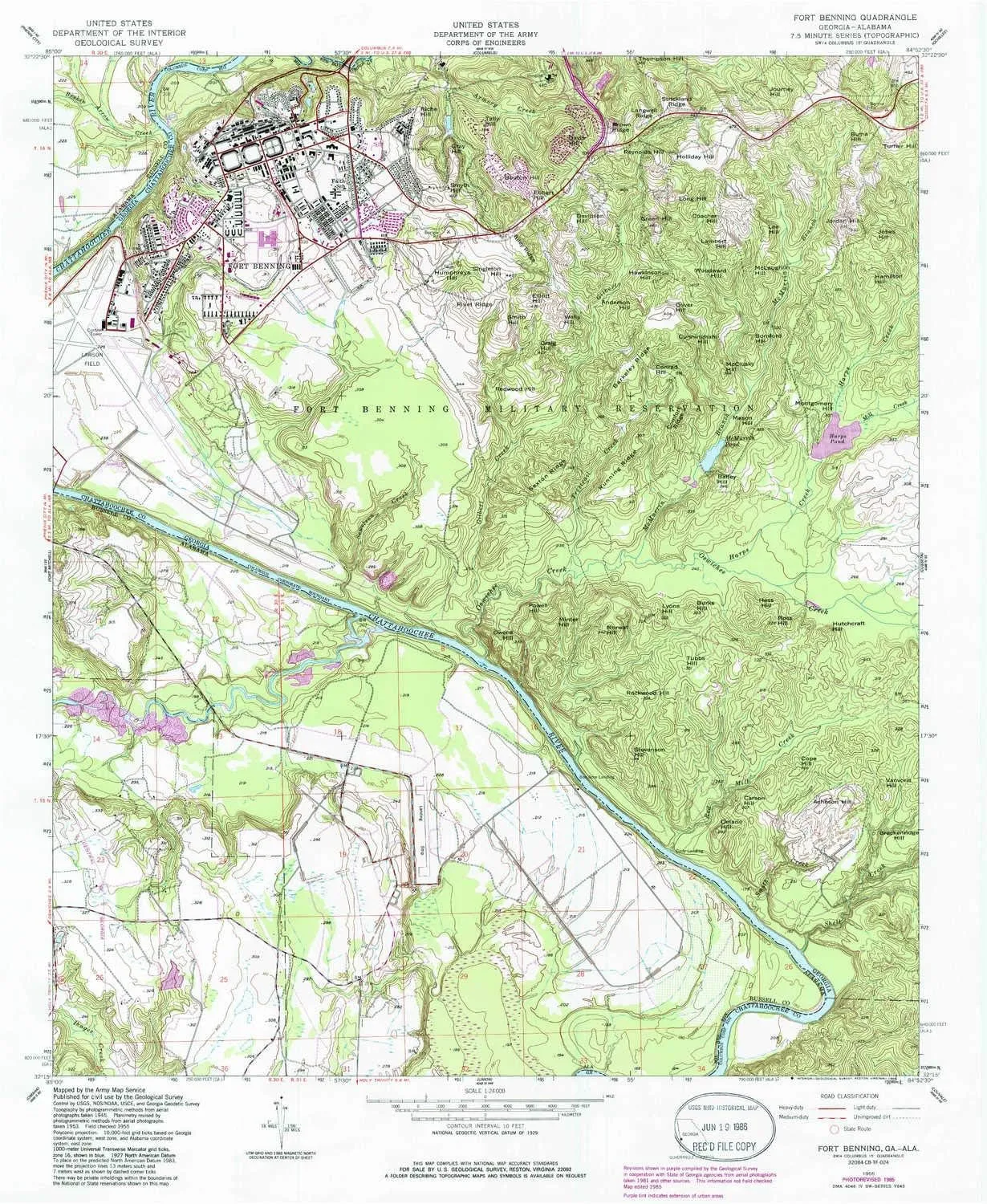 Fort Benning GA topo map, 1:24000 Scale, 7.5 X 7.5 Minute, Historical, 1955, Updated 1986, 26.8 x 22 in