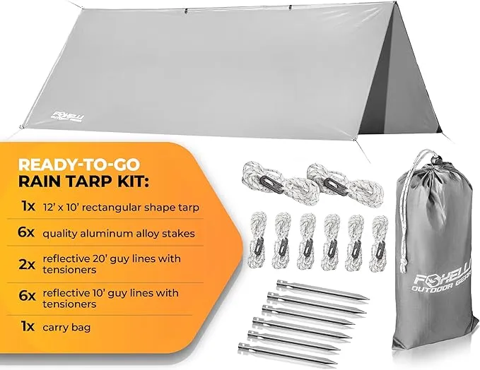 Foxelli Hammock Rain Fly - Waterproof Lightweight Tent & Hammock Rain Tarp for Camping, Backpacking w/Easy Setup Including Extra Long Guy Lines & Stakes