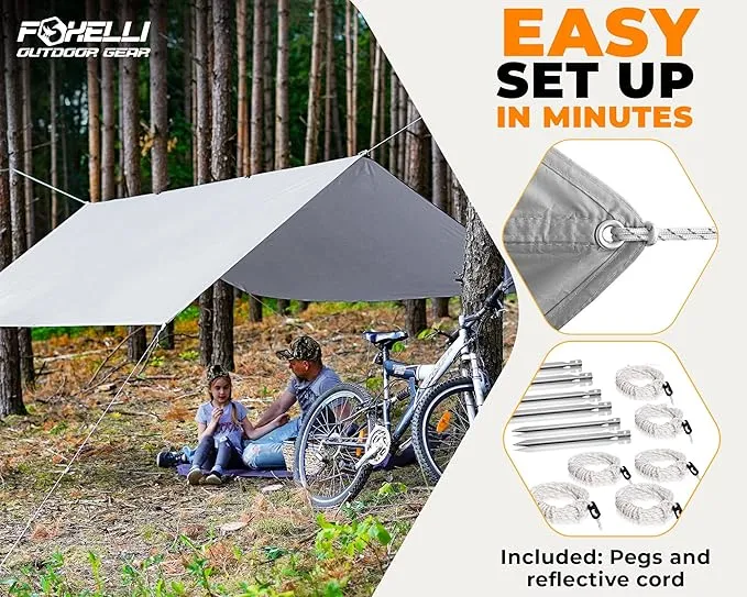 Foxelli Hammock Rain Fly - Waterproof Lightweight Tent & Hammock Rain Tarp for Camping, Backpacking w/Easy Setup Including Extra Long Guy Lines & Stakes