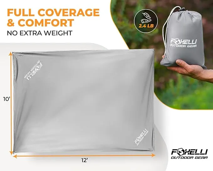 Foxelli Hammock Rain Fly - Waterproof Lightweight Tent & Hammock Rain Tarp for Camping, Backpacking w/Easy Setup Including Extra Long Guy Lines & Stakes