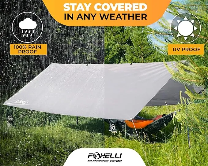 Foxelli Hammock Rain Fly - Waterproof Lightweight Tent & Hammock Rain Tarp for Camping, Backpacking w/Easy Setup Including Extra Long Guy Lines & Stakes
