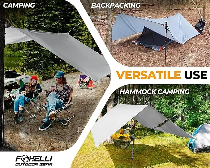 Foxelli Hammock Rain Fly - Waterproof Lightweight Tent & Hammock Rain Tarp for Camping, Backpacking w/Easy Setup Including Extra Long Guy Lines & Stakes