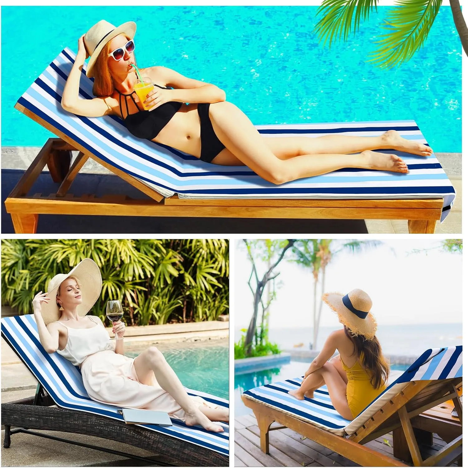 Fumete 2 Packs Beach Chair Towel 30 x 85 Inch Chaise Lounge Cushion Covers Microfiber Chair Towel Portable Stripe Chair Cushion for Summer Outdoor Lounger Sunbathing, Blue and Dark Blue