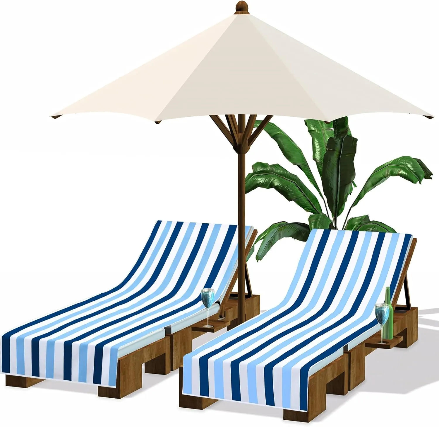 Fumete 2 Packs Beach Chair Towel 30 x 85 Inch Chaise Lounge Cushion Covers Microfiber Chair Towel Portable Stripe Chair Cushion for Summer Outdoor Lounger Sunbathing, Blue and Dark Blue