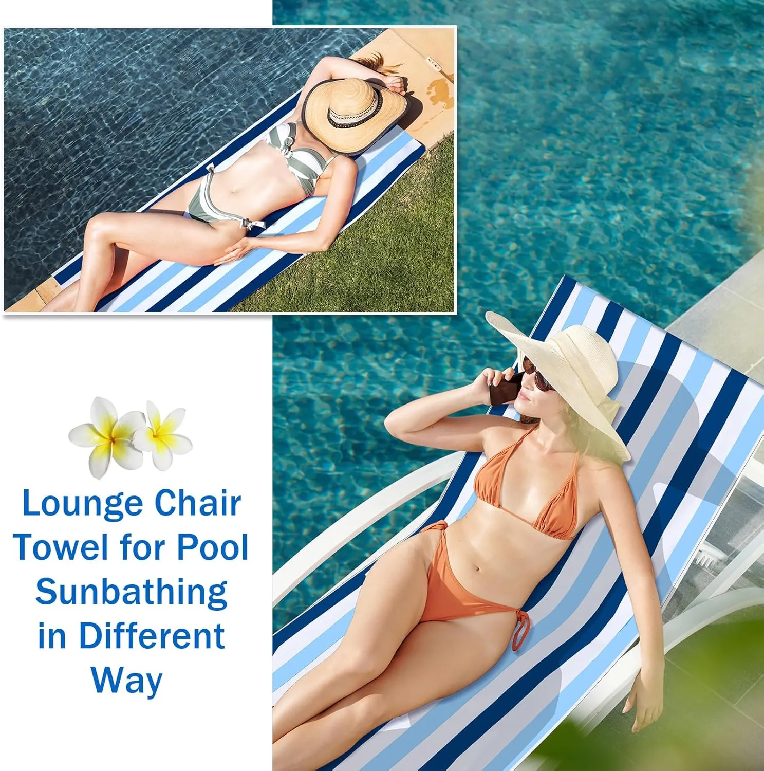 Fumete 2 Packs Beach Chair Towel 30 x 85 Inch Chaise Lounge Cushion Covers Microfiber Chair Towel Portable Stripe Chair Cushion for Summer Outdoor Lounger Sunbathing, Blue and Dark Blue