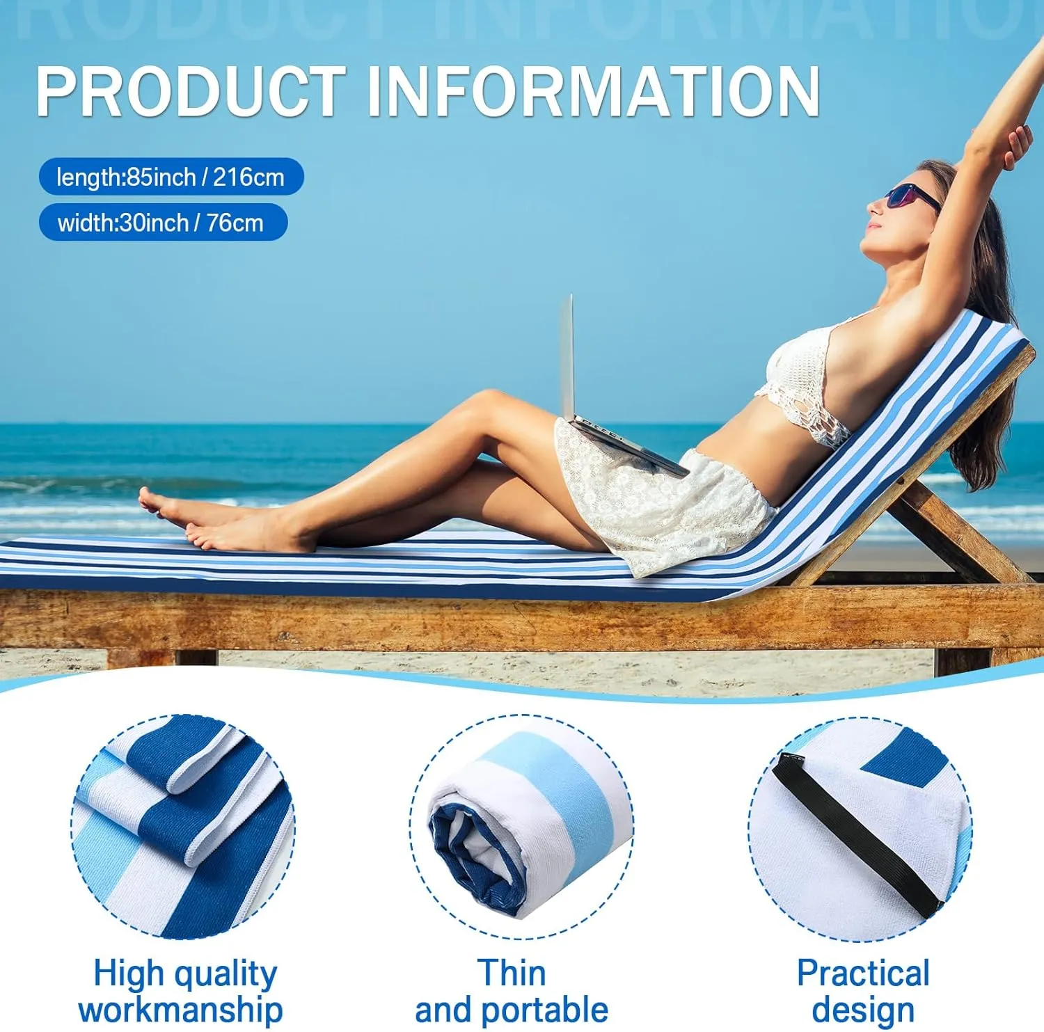Fumete 2 Packs Beach Chair Towel 30 x 85 Inch Chaise Lounge Cushion Covers Microfiber Chair Towel Portable Stripe Chair Cushion for Summer Outdoor Lounger Sunbathing, Blue and Dark Blue