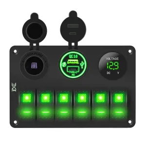 FXC 15A Inline Fuse 6 Gang Green LED Lighted Marine Rocker Switch Panel Waterproof 12 Volt Toggle Switch Panel for Boat Car RV UTV with QC3.0 USB & Type-C   Power Outlet Socket   Voltmeter