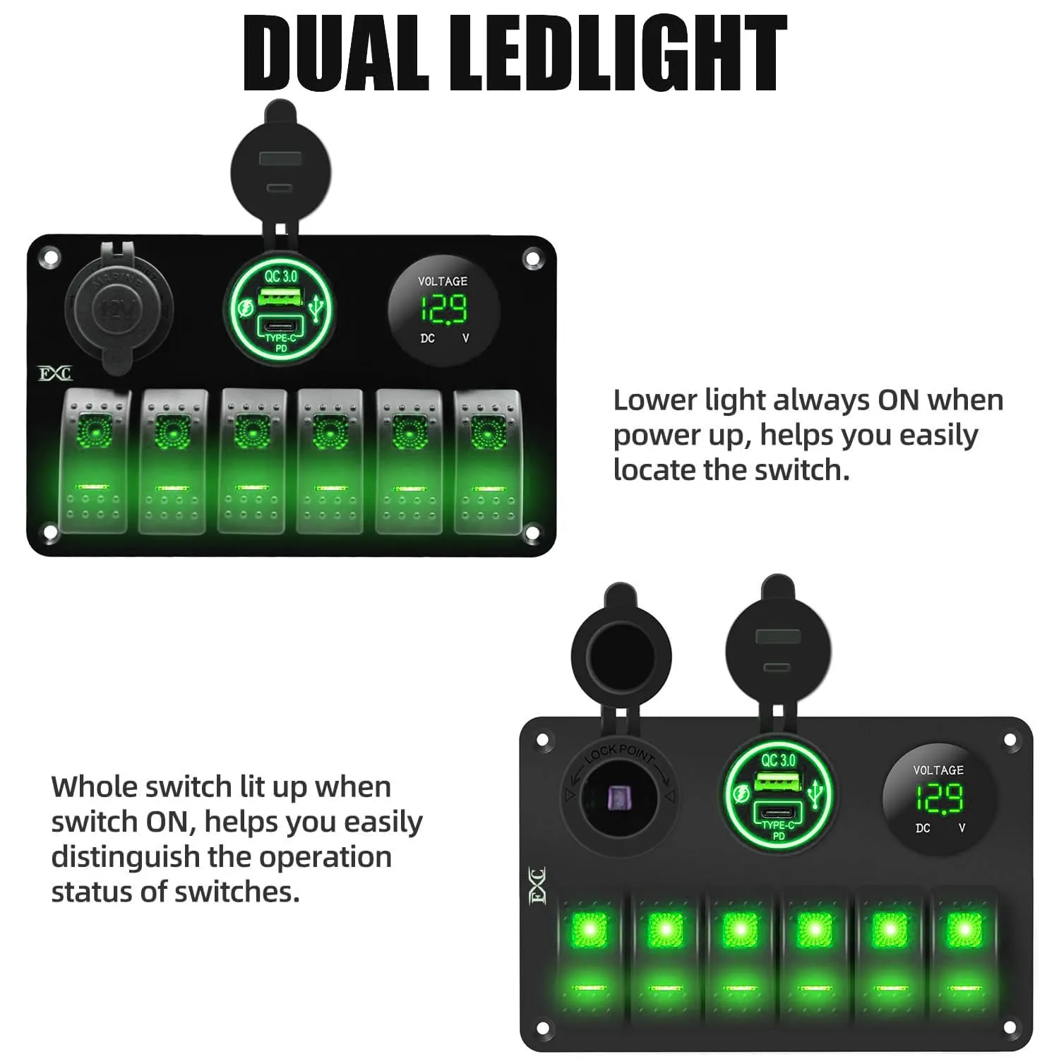 FXC 15A Inline Fuse 6 Gang Green LED Lighted Marine Rocker Switch Panel Waterproof 12 Volt Toggle Switch Panel for Boat Car RV UTV with QC3.0 USB & Type-C   Power Outlet Socket   Voltmeter