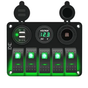 FXC 5 Gang Rocker Switch Aluminum Panel with Dual USB Slot Socket 5V 3.1A   Volt Meter   Cigarette Lighter for Marine Boat Car Rv Vehicles Truck 12-24V Waterproof (5Gang Green)