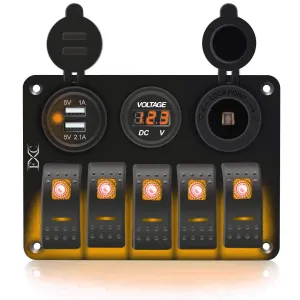 FXC 5 Gang Rocker Switch Aluminum Panel with Dual USB Slot Socket 5V 3.1A   Volt Meter   Cigarette Lighter for Marine Boat Car Rv Vehicles Truck 12-24V Waterproof (5Gang Orange)