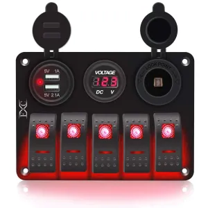 FXC 5 Gang Rocker Switch Aluminum Panel with Dual USB Slot Socket 5V 3.1A   Volt Meter   Cigarette Lighter for Marine Boat Car Rv Vehicles Truck 12-24V Waterproof (5Gang Red)