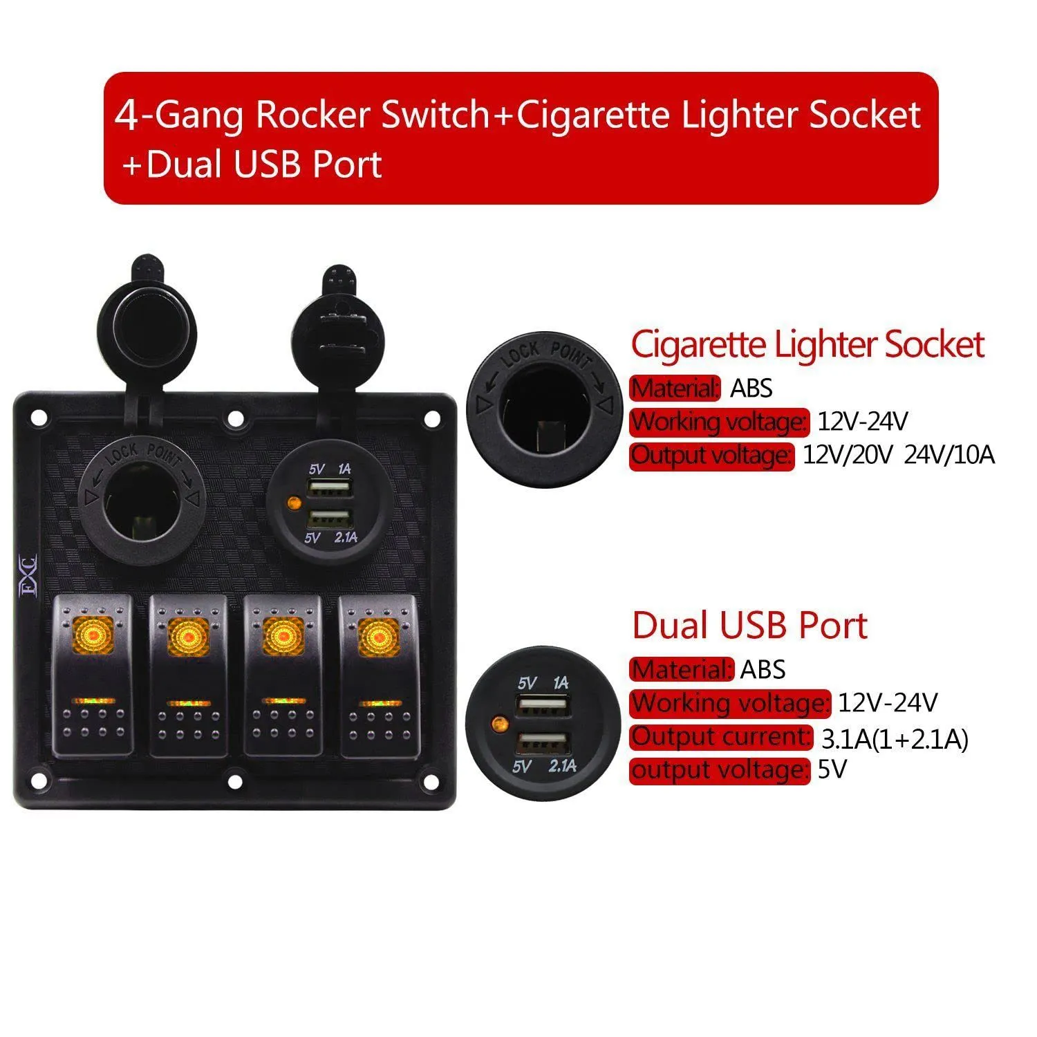 FXC Orange Waterproof Marine Boat Rocker Switch Panel 4 Gang with Dual USB Slot Socket   Cigarette Lighter LED Light for Car Rv Vehicles Truck