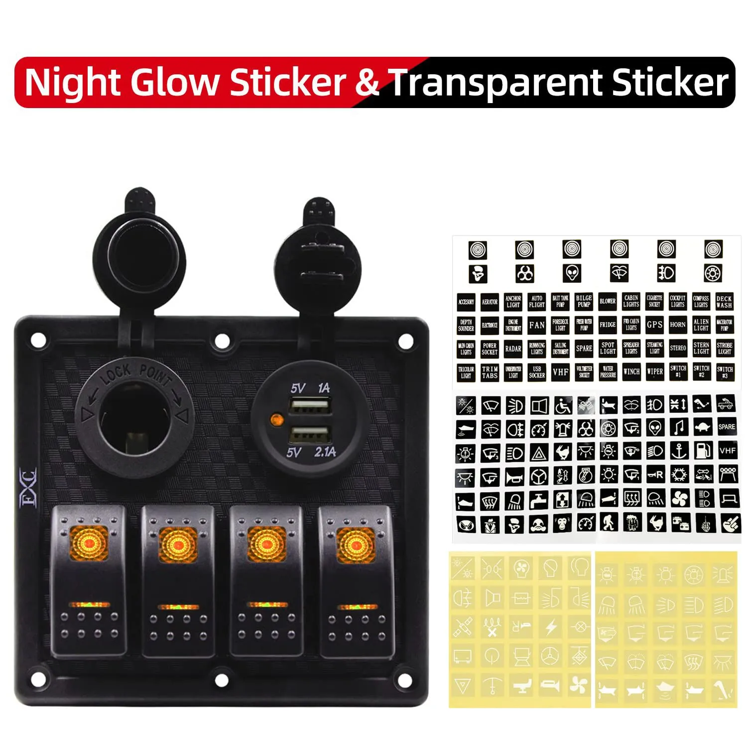 FXC Orange Waterproof Marine Boat Rocker Switch Panel 4 Gang with Dual USB Slot Socket   Cigarette Lighter LED Light for Car Rv Vehicles Truck