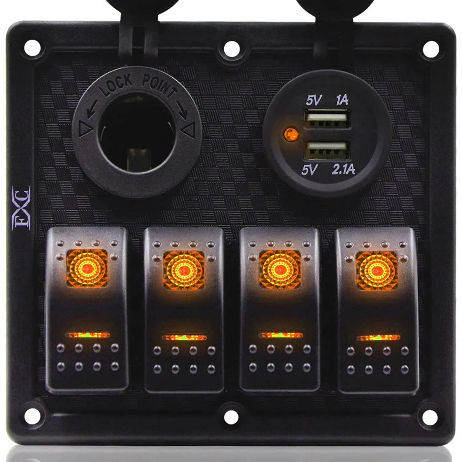 FXC Orange Waterproof Marine Boat Rocker Switch Panel 4 Gang with Dual USB Slot Socket   Cigarette Lighter LED Light for Car Rv Vehicles Truck