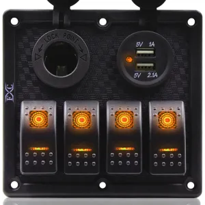 FXC Orange Waterproof Marine Boat Rocker Switch Panel 4 Gang with Dual USB Slot Socket   Cigarette Lighter LED Light for Car Rv Vehicles Truck