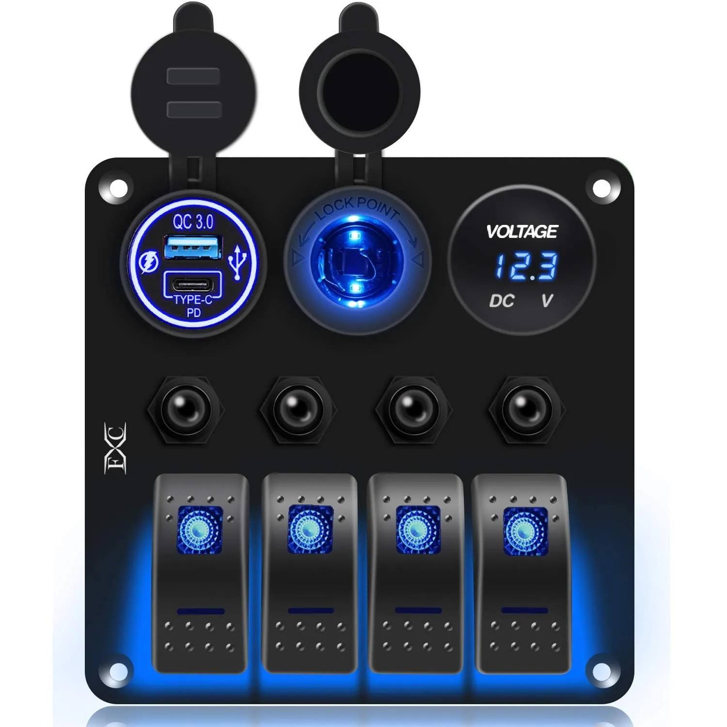 FXC Waterproof Marine Boat Blue Rocker Switch Panel 4 Gang with QC3.0 USB & Type-C Slot Socket   Cigarette Lighter  LED Voltmeter with Overload Protection Circuit Breaker for Car Rv Vehicles Truck