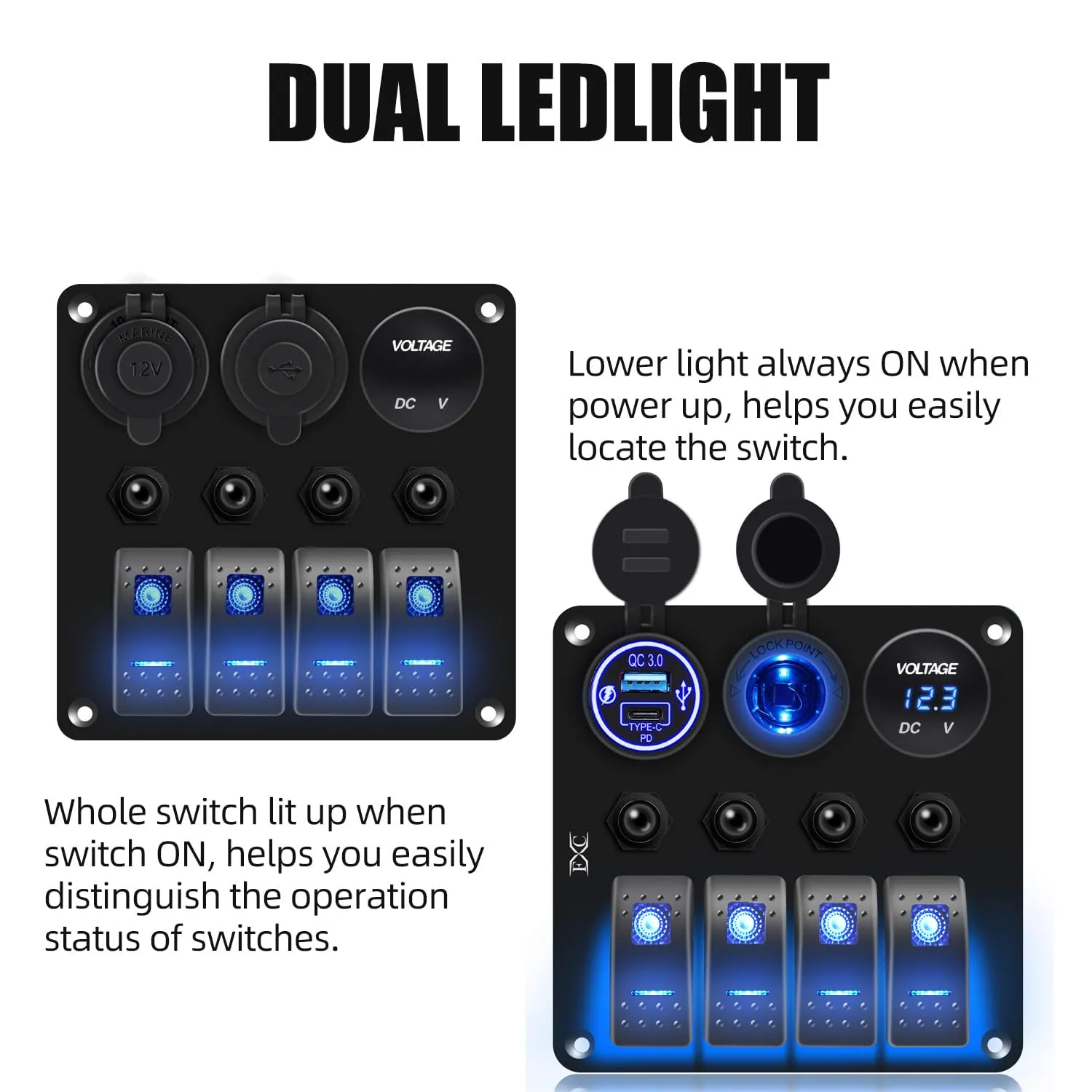 FXC Waterproof Marine Boat Blue Rocker Switch Panel 4 Gang with QC3.0 USB & Type-C Slot Socket   Cigarette Lighter  LED Voltmeter with Overload Protection Circuit Breaker for Car Rv Vehicles Truck