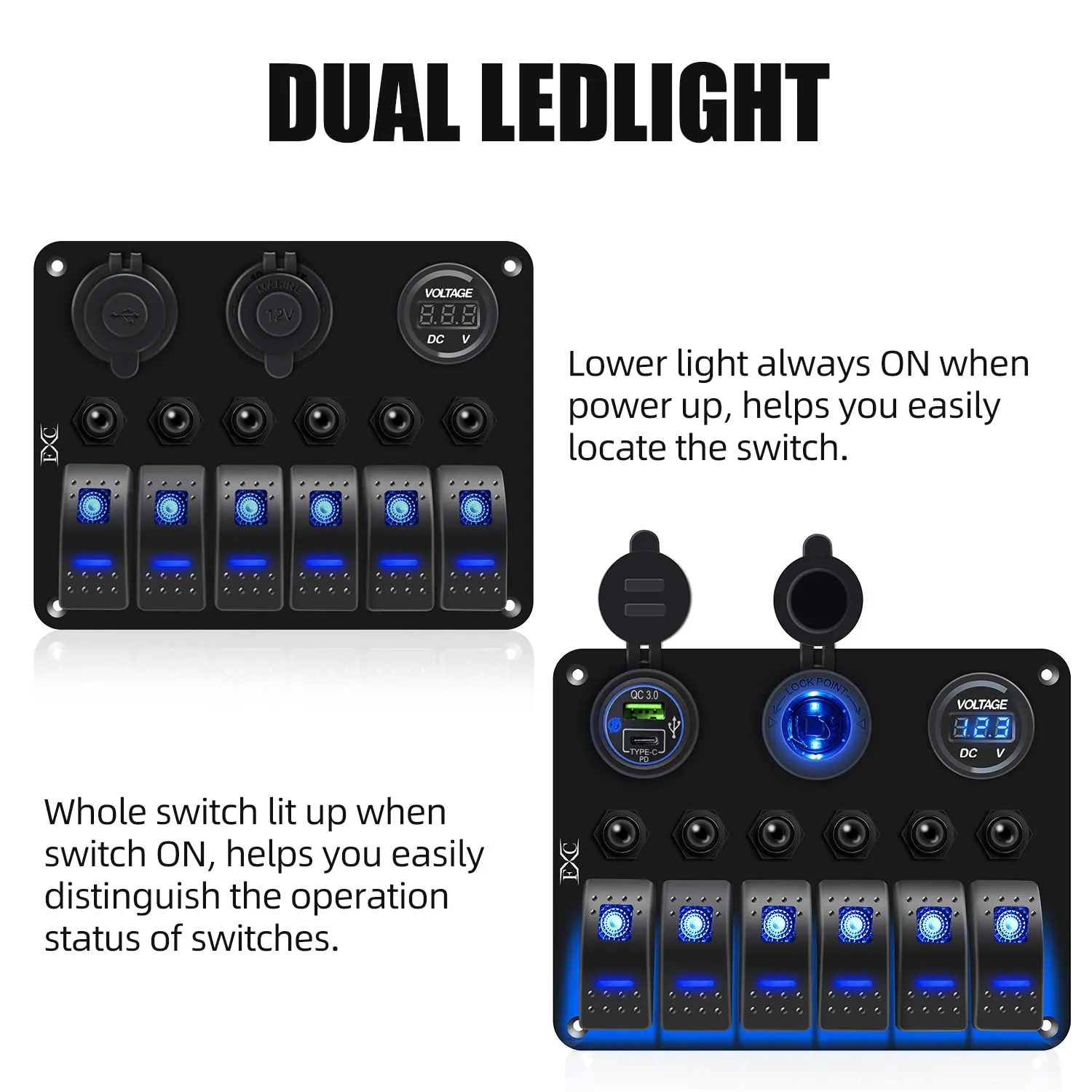 FXC Waterproof Marine Boat Blue Rocker Switch Panel 6 Gang with USB & Type-C Charger Slot Socket   Cigarette Lighter  LED Voltmeter with Overload Protection Circuit Breaker for Car Rv Vehicles Truck
