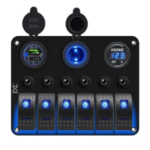 FXC Waterproof Marine Boat Blue Rocker Switch Panel 6 Gang with USB & Type-C Charger Slot Socket   Cigarette Lighter  LED Voltmeter with Overload Protection Circuit Breaker for Car Rv Vehicles Truck