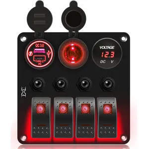 FXC Waterproof Marine Boat Rocker Switch Panel 4 Gang with QC3.0 USB & Type-C Slot Socket   Cigarette Lighter  LED Voltmeter with Overload Protection for Car Rv Vehicles Truck (4 Gang Red LED)