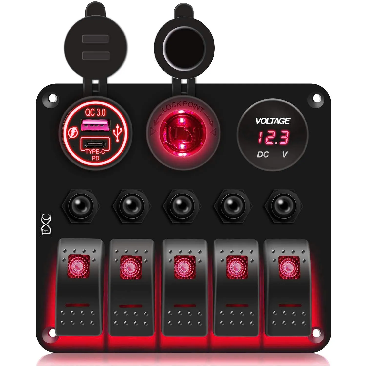 FXC Waterproof Marine Boat Rocker Switch Panel 5 Gang with QC3.0 USB & Type-C Slot Socket   Cigarette Lighter  LED Voltmeter with Overload Protection for Car Rv Vehicles Truck (5 Gang Red LED)