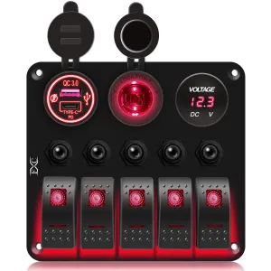 FXC Waterproof Marine Boat Rocker Switch Panel 5 Gang with QC3.0 USB & Type-C Slot Socket   Cigarette Lighter  LED Voltmeter with Overload Protection for Car Rv Vehicles Truck (5 Gang Red LED)