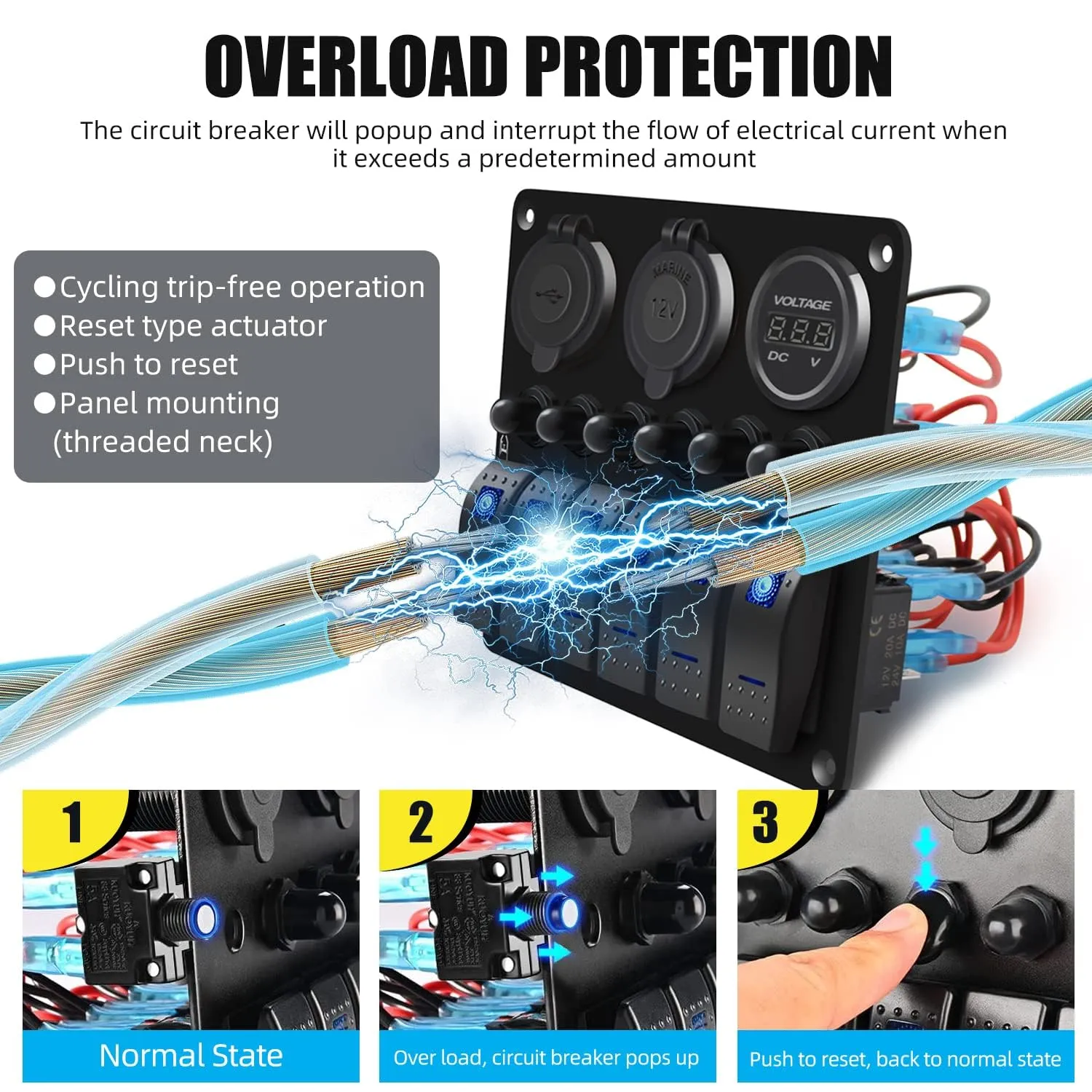 FXC Waterproof Marine Boat Rocker Switch Panel 5 Gang with QC3.0 USB & Type-C Slot Socket   Cigarette Lighter  LED Voltmeter with Overload Protection for Car Rv Vehicles Truck (5 Gang Red LED)