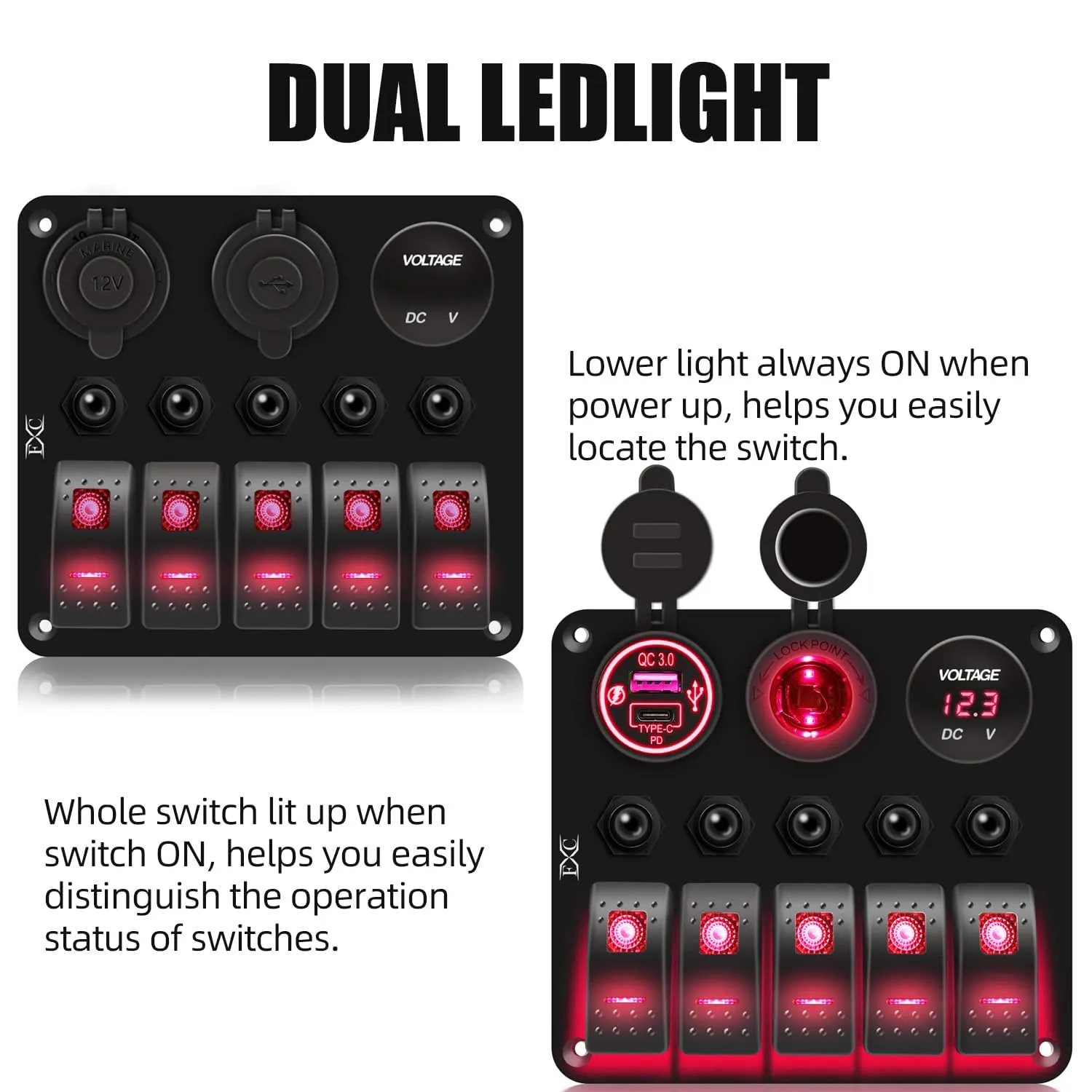 FXC Waterproof Marine Boat Rocker Switch Panel 5 Gang with QC3.0 USB & Type-C Slot Socket   Cigarette Lighter  LED Voltmeter with Overload Protection for Car Rv Vehicles Truck (5 Gang Red LED)