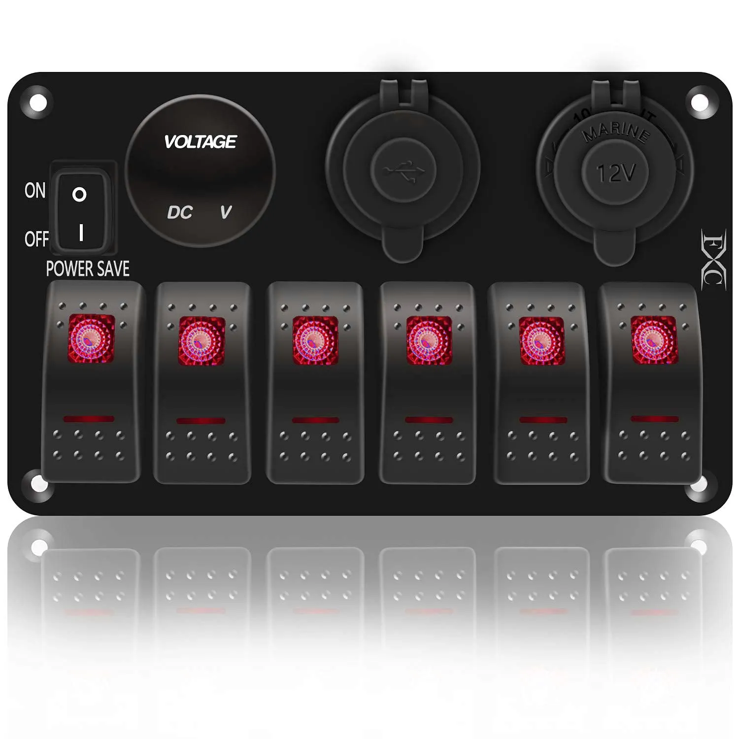 FXC Waterproof Marine Boat Rocker Switch Panel 6 Gang with 3.1A Dual USB Slot Socket   Cigarette Lighter  LED Voltmeter with Power-Save for Car Rv Vehicles Truck (6 Gang Red LED)