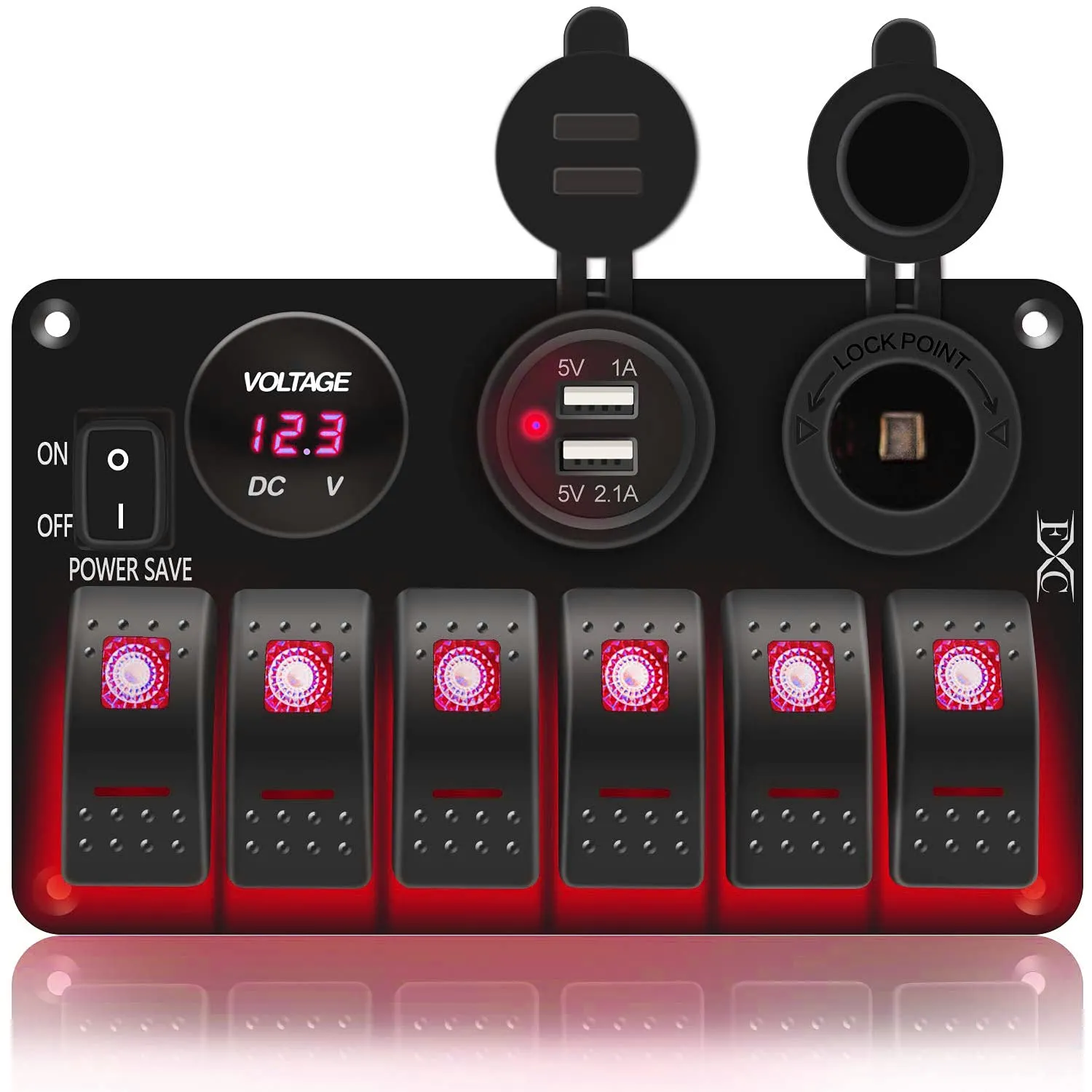 FXC Waterproof Marine Boat Rocker Switch Panel 6 Gang with 3.1A Dual USB Slot Socket   Cigarette Lighter  LED Voltmeter with Power-Save for Car Rv Vehicles Truck (6 Gang Red LED)