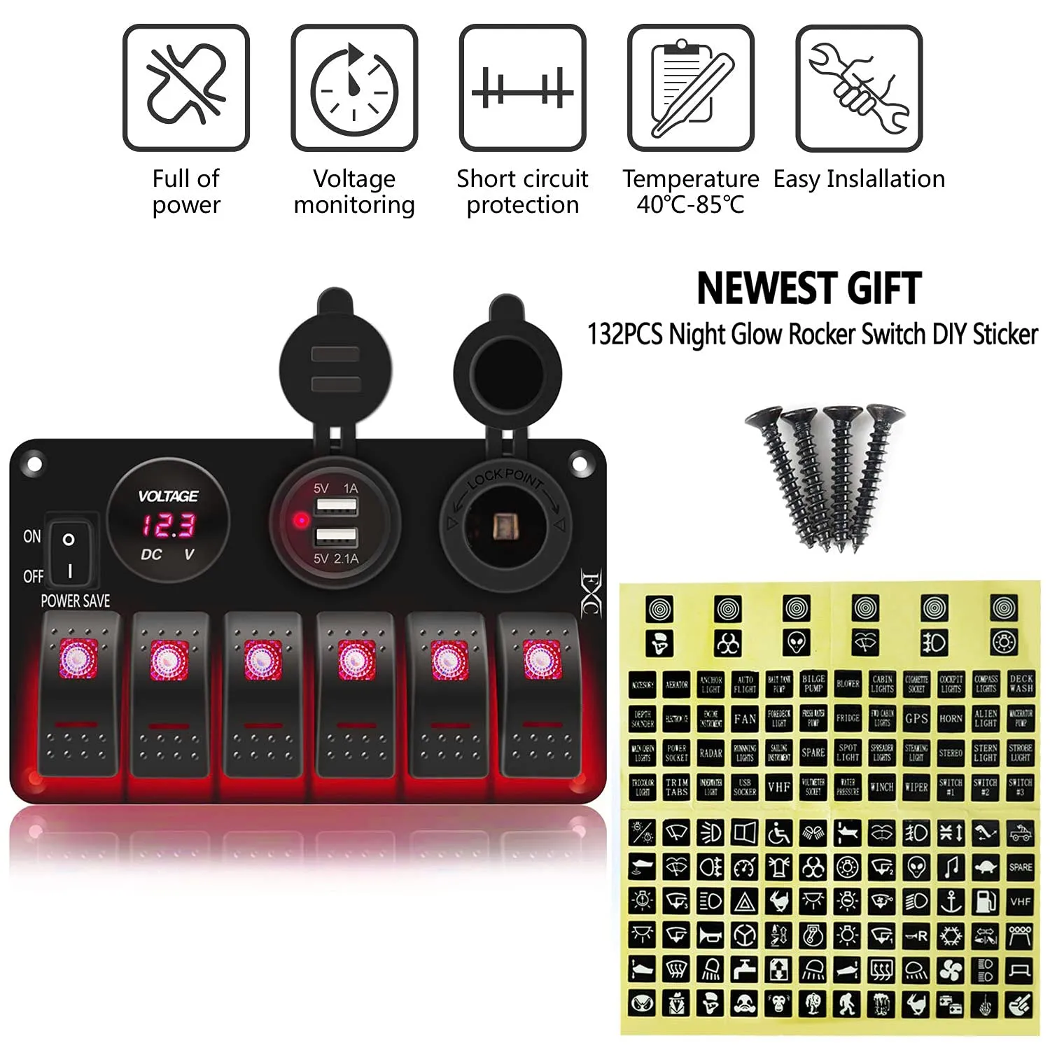 FXC Waterproof Marine Boat Rocker Switch Panel 6 Gang with 3.1A Dual USB Slot Socket   Cigarette Lighter  LED Voltmeter with Power-Save for Car Rv Vehicles Truck (6 Gang Red LED)