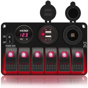 FXC Waterproof Marine Boat Rocker Switch Panel 6 Gang with 3.1A Dual USB Slot Socket   Cigarette Lighter  LED Voltmeter with Power-Save for Car Rv Vehicles Truck (6 Gang Red LED)