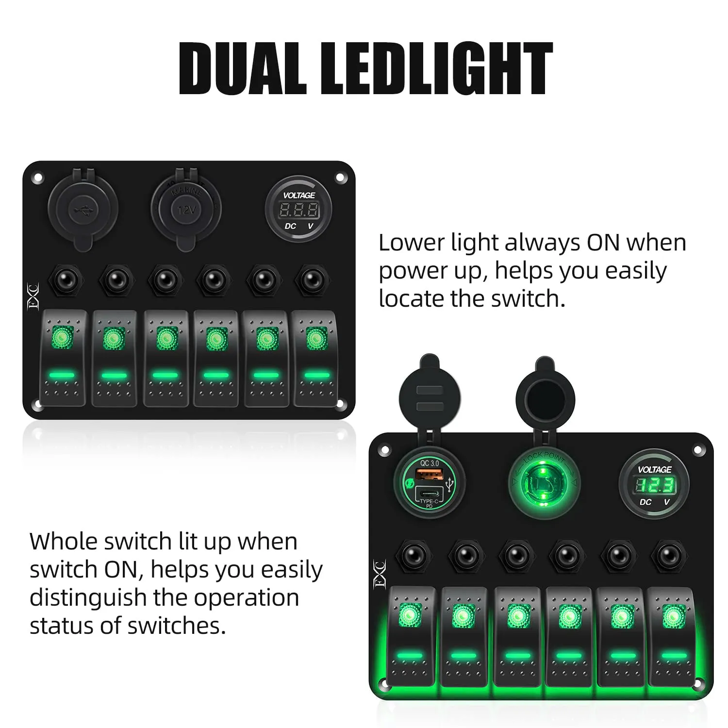 FXC Waterproof Marine Boat Rocker Switch Panel 6 Gang with QC3.0 USB & Type-C Slot Socket   Cigarette Lighter  LED Voltmeter with Overload Protection for Car Rv Vehicles Truck (6 Gang Green LED)