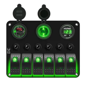 FXC Waterproof Marine Boat Rocker Switch Panel 6 Gang with QC3.0 USB & Type-C Slot Socket   Cigarette Lighter  LED Voltmeter with Overload Protection for Car Rv Vehicles Truck (6 Gang Green LED)