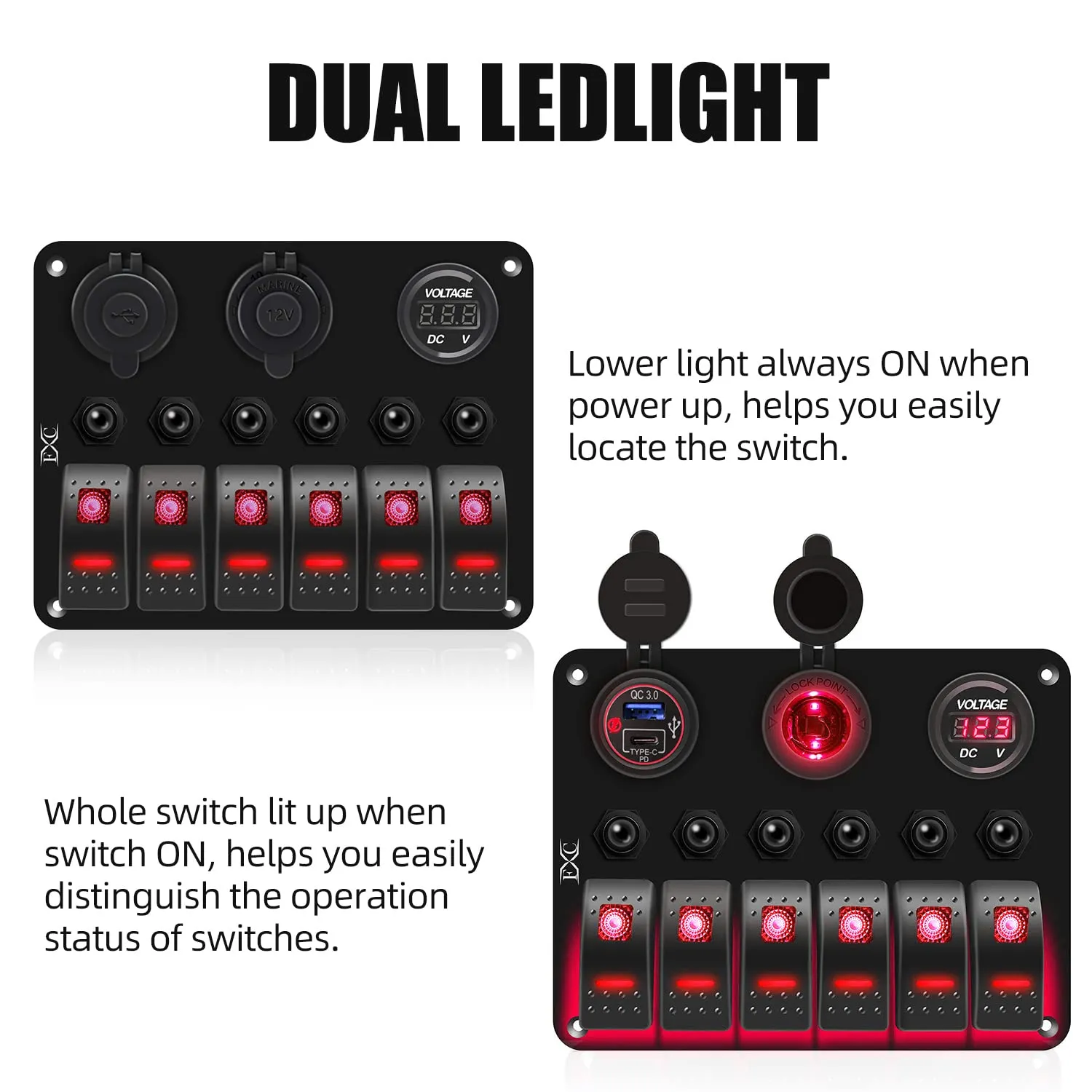 FXC Waterproof Marine Boat Rocker Switch Panel 6 Gang with QC3.0 USB & Type-C Slot Socket   Cigarette Lighter  LED Voltmeter with Overload Protection for Car Rv Vehicles Truck (6 Gang Red LED)