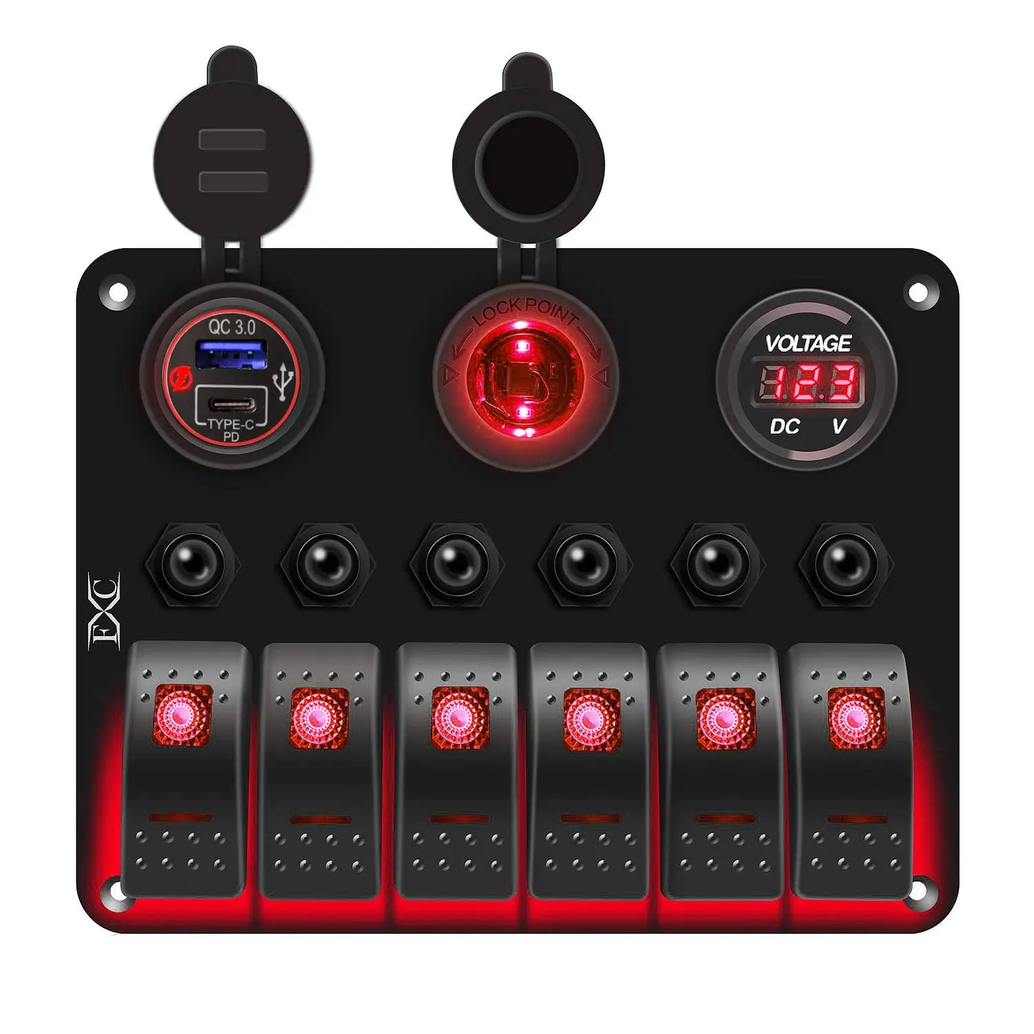 FXC Waterproof Marine Boat Rocker Switch Panel 6 Gang with QC3.0 USB & Type-C Slot Socket   Cigarette Lighter  LED Voltmeter with Overload Protection for Car Rv Vehicles Truck (6 Gang Red LED)