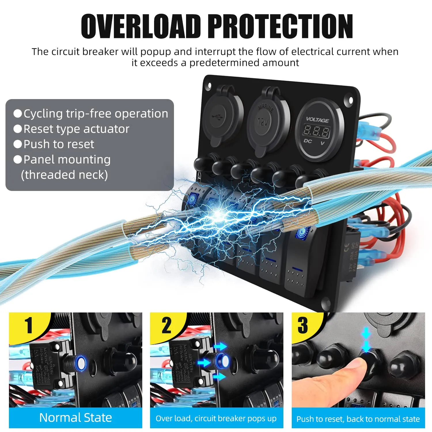 FXC Waterproof Marine Boat Rocker Switch Panel 6 Gang with QC3.0 USB & Type-C Slot Socket   Cigarette Lighter  LED Voltmeter with Overload Protection for Car Rv Vehicles Truck (6 Gang Red LED)