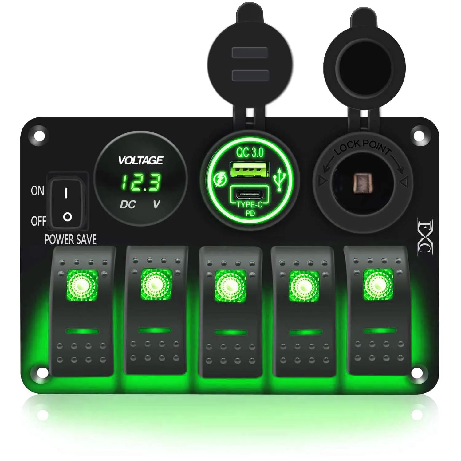 FXC Waterproof Rocker Switch Panel Green 5 Gang with QC3.0 USB & Type-C Slot Socket   Cigarette Lighter  LED Voltmeter with Power Save for Car Rv Marine Boat Truck