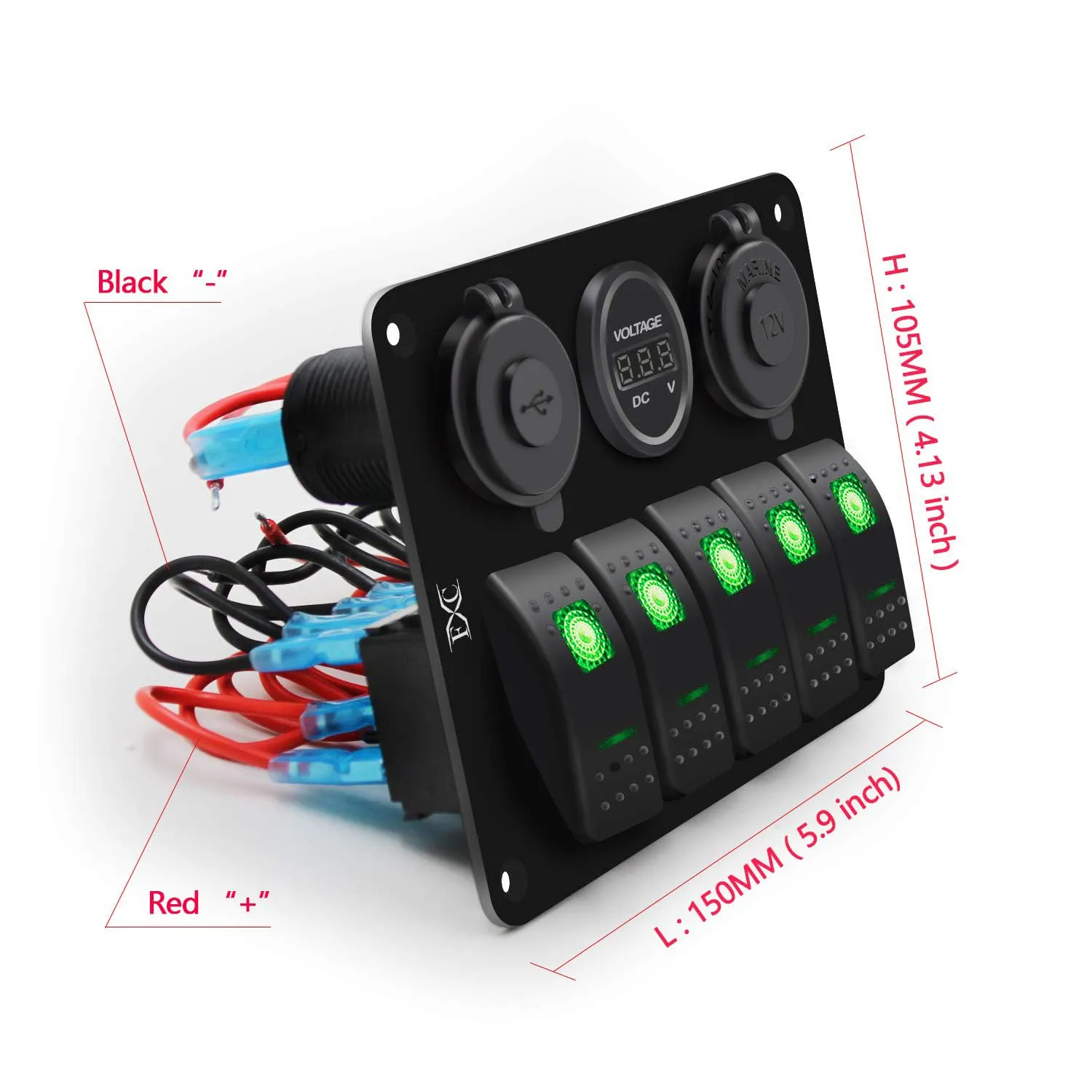 FXC Waterproof Rocker Switch Panel Green 5 Gang with QC3.0 USB & Type-C Slot Socket   Cigarette Lighter  LED Voltmeter with Power Save for Car Rv Marine Boat Truck