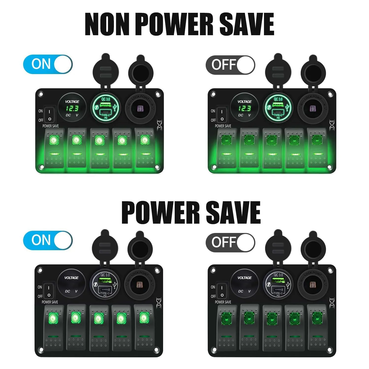 FXC Waterproof Rocker Switch Panel Green 5 Gang with QC3.0 USB & Type-C Slot Socket   Cigarette Lighter  LED Voltmeter with Power Save for Car Rv Marine Boat Truck