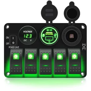 FXC Waterproof Rocker Switch Panel Green 5 Gang with QC3.0 USB & Type-C Slot Socket   Cigarette Lighter  LED Voltmeter with Power Save for Car Rv Marine Boat Truck