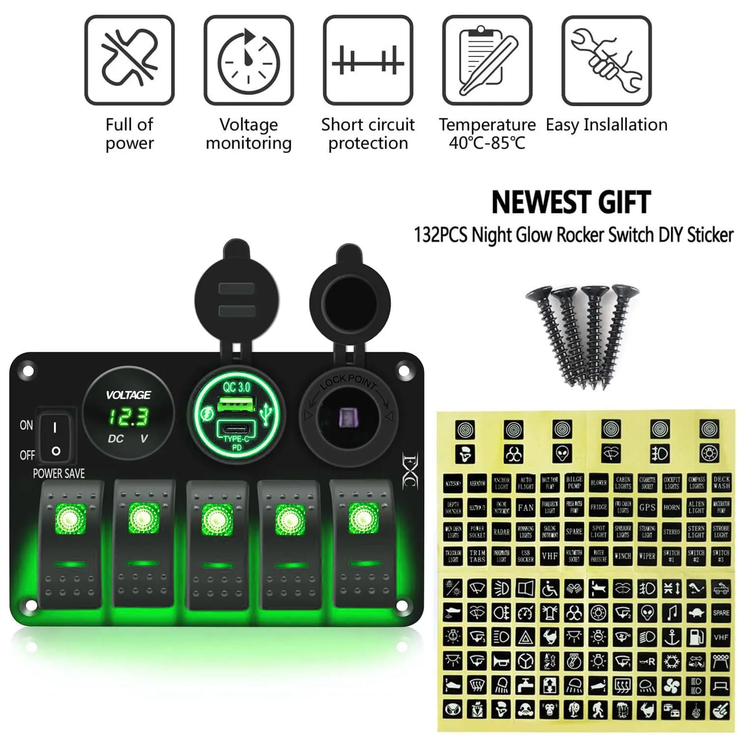 FXC Waterproof Rocker Switch Panel Green 5 Gang with QC3.0 USB & Type-C Slot Socket   Cigarette Lighter  LED Voltmeter with Power Save for Car Rv Marine Boat Truck