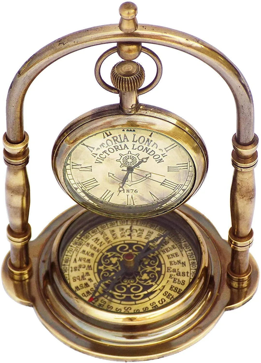 G K Enterprises Table Clock with Maritime Vintage Brass Compass Antique Victoria London Nautical Brass Antique Table Clock